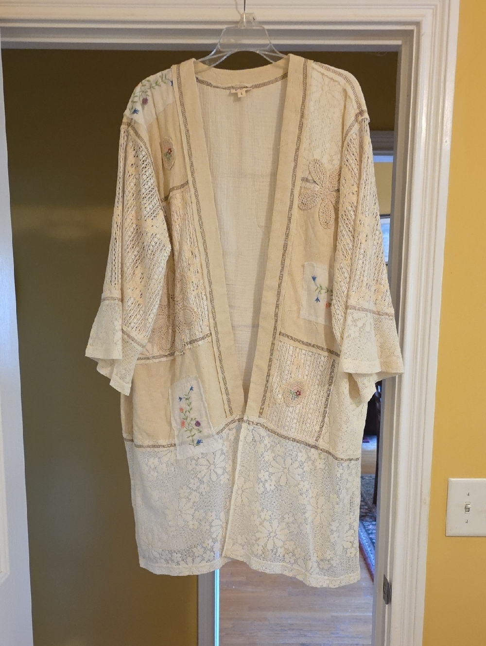 POL Cream Embroidered Open-Front Kimono